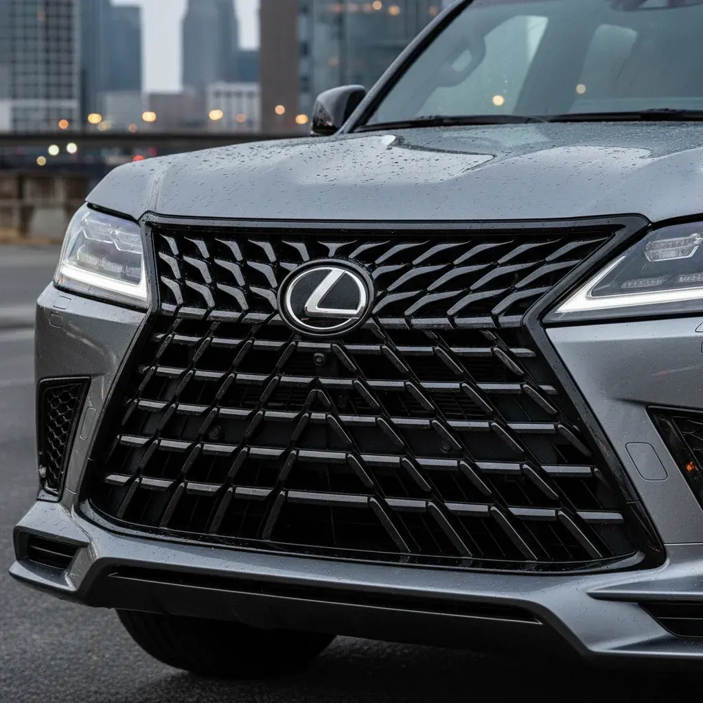 Lưới tản nhiệt spindle đặc trưng v&agrave; đ&egrave;n pha LED sắc sảo tr&ecirc;n Lexus LX600 Mới 2026