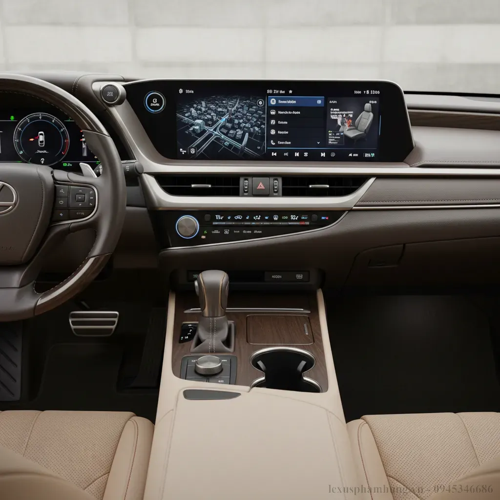 Khoang l&aacute;i hiện đại của Lexus ES 300h 2026 với m&agrave;n h&igrave;nh th&ocirc;ng tin giải tr&iacute; lớn v&agrave; cụm đồng hồ kỹ thuật số