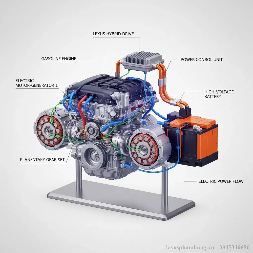 Sơ đồ công nghệ động cơ hybrid tiên tiến của Lexus minh họa sự kết hợp giữa động cơ xăng và điện