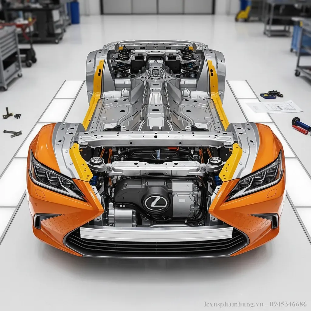 Cấu tr&uacute;c khung gầm vững chắc v&agrave; hệ thống t&uacute;i kh&iacute; to&agrave;n diện của Lexus ES 2026