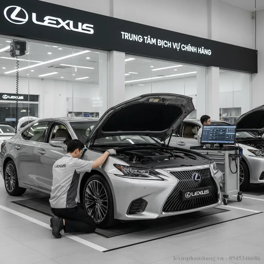 Kỹ thuật vi&ecirc;n chuy&ecirc;n nghiệp tại trung t&acirc;m dịch vụ ch&iacute;nh h&atilde;ng Lexus thực hiện bảo dưỡng