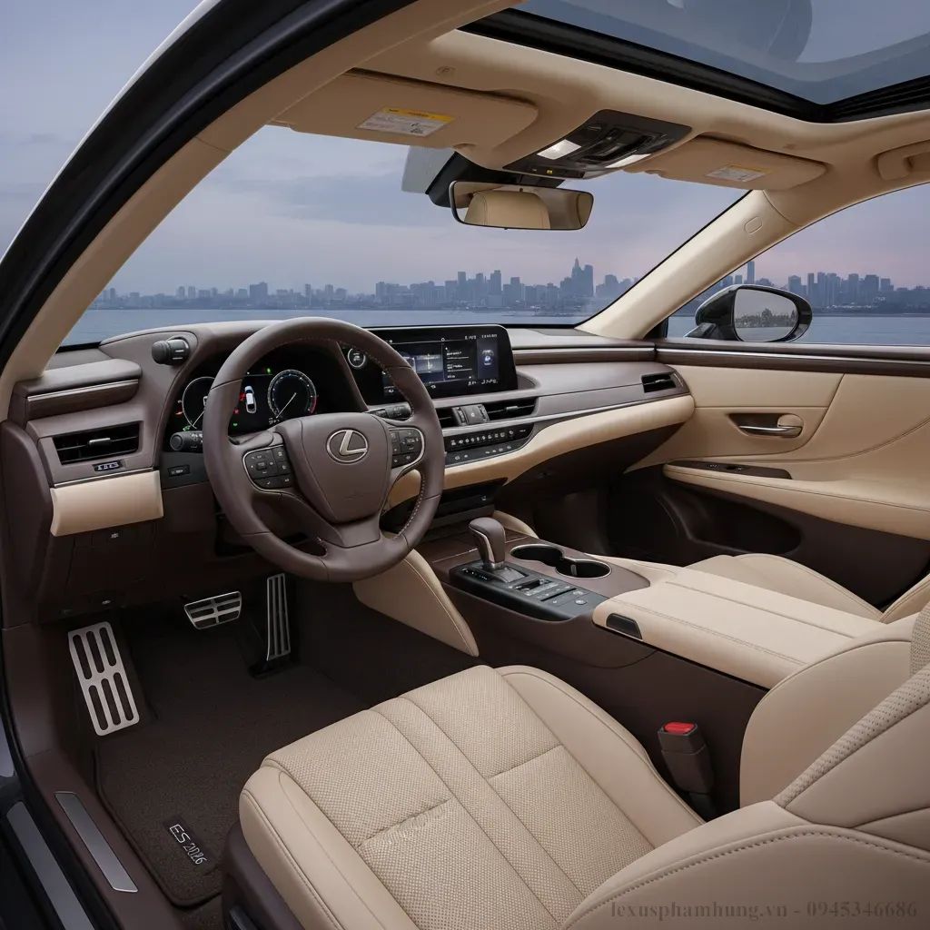 Khoang nội thất Lexus ES 2026 với vật liệu cao cấp m&agrave;n h&igrave;nh cảm ứng lớn v&agrave; thiết kế tinh xảo