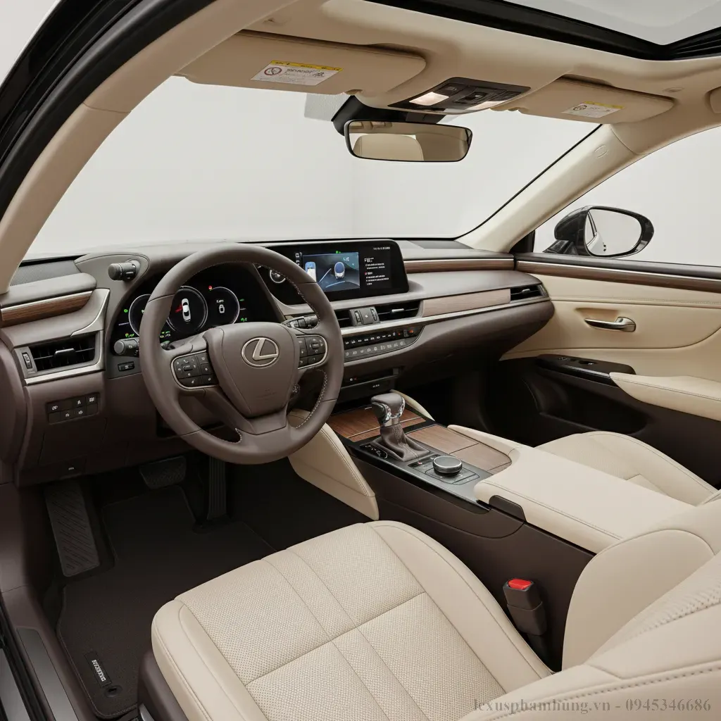 Khoang lái Lexus ES 2026 với màn hình giải trí lớn và vật liệu cao cấp