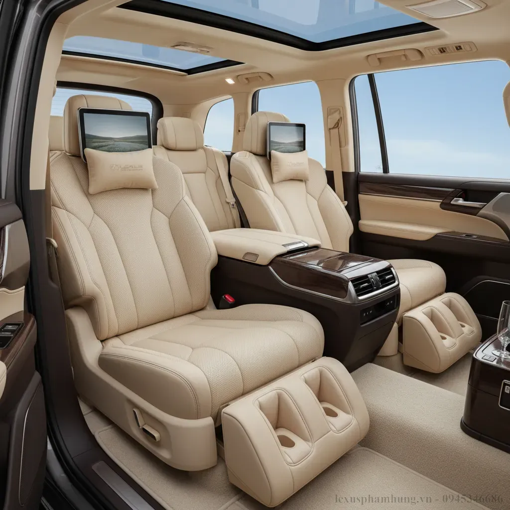 H&agrave;ng ghế sau dạng thương gia của Lexus LX600 VIP 2026 với hai ghế độc lập v&agrave; tiện nghi cao cấp