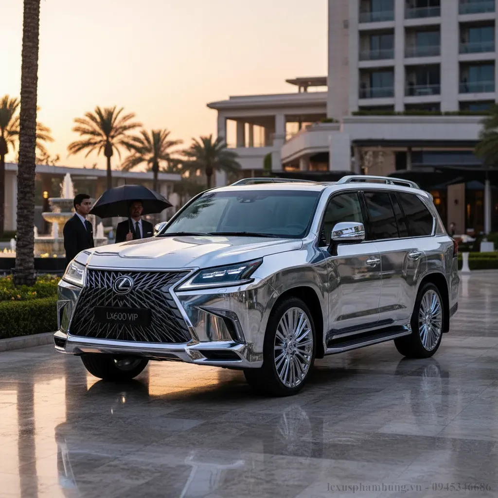 Ngoại thất Lexus LX600 VIP 2026 với lưới tản nhiệt mạ chrome s&aacute;ng b&oacute;ng to&aacute;t l&ecirc;n vẻ quyền qu&yacute;