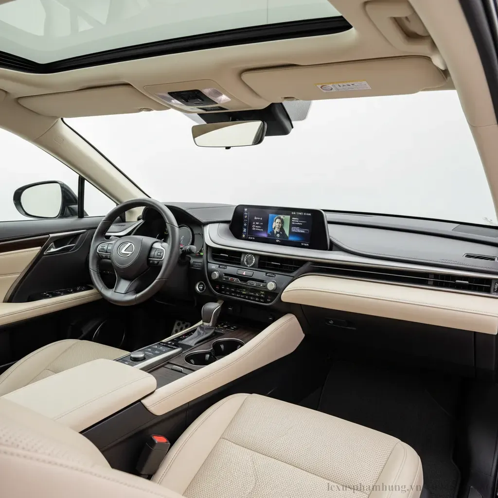 Khoang nội thất sang trọng của Lexus RX350h Luxury 2026 với m&agrave;n h&igrave;nh giải tr&iacute; cỡ lớn v&agrave; ghế da SemiAniline