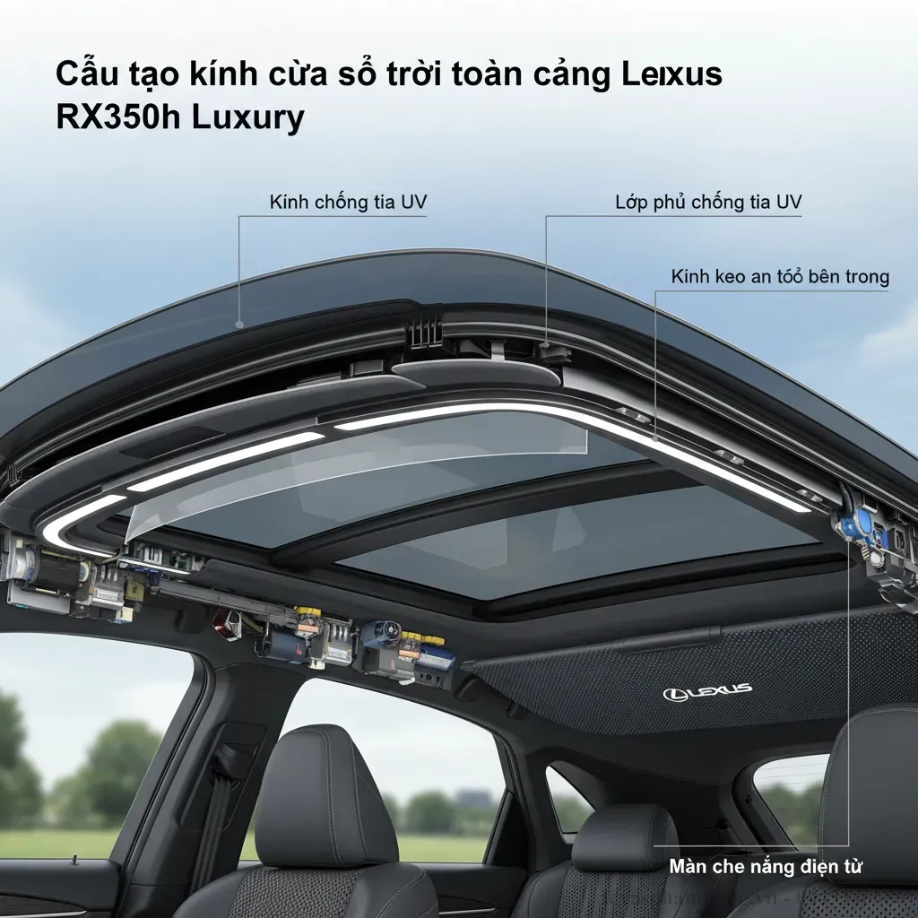C&ocirc;ng nghệ k&iacute;nh ti&ecirc;n tiến tr&ecirc;n cửa sổ trời to&agrave;n cảnh của Lexus RX350h Luxury gi&uacute;p tối ưu khả năng c&aacute;ch nhiệt