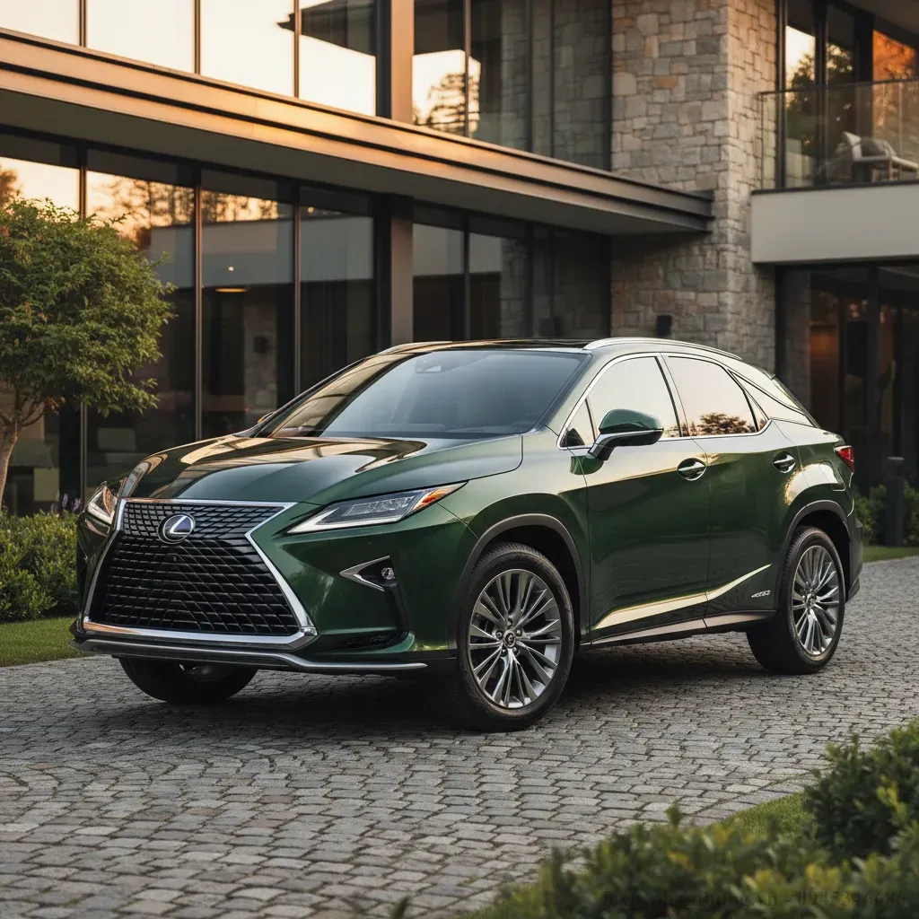 Thiết kế ngoại thất tinh xảo của Lexus RX350 màu xanh rêu nổi bật dưới ánh nắng