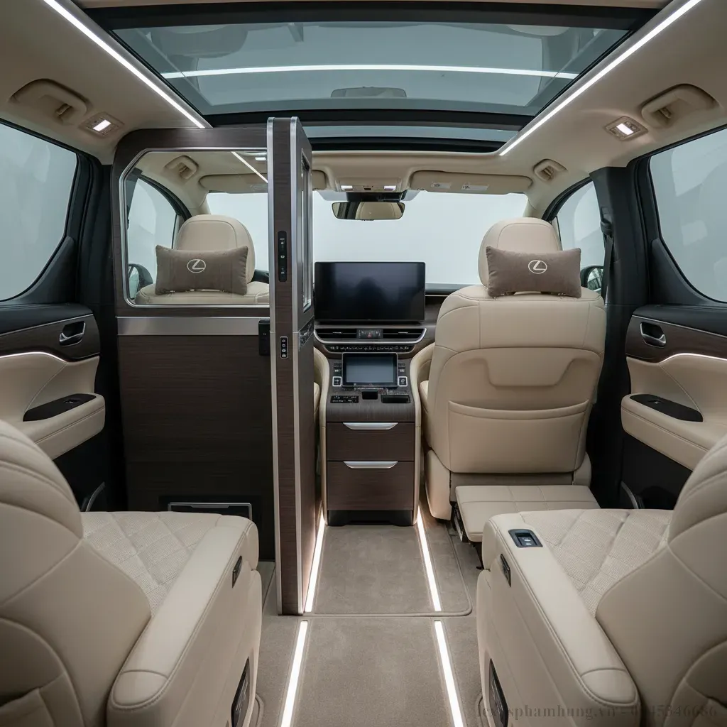 Khoang hành khách VIP của Lexus LM 500h 4 chỗ với vách ngăn riêng tư và ghế ngồi hạng thương gia